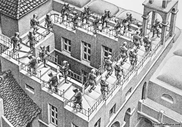 M. C. Escher, Ascending and Descending, 1960, The National Gallery of Canada, Ottawa, Canada. Pinterest. Detail.