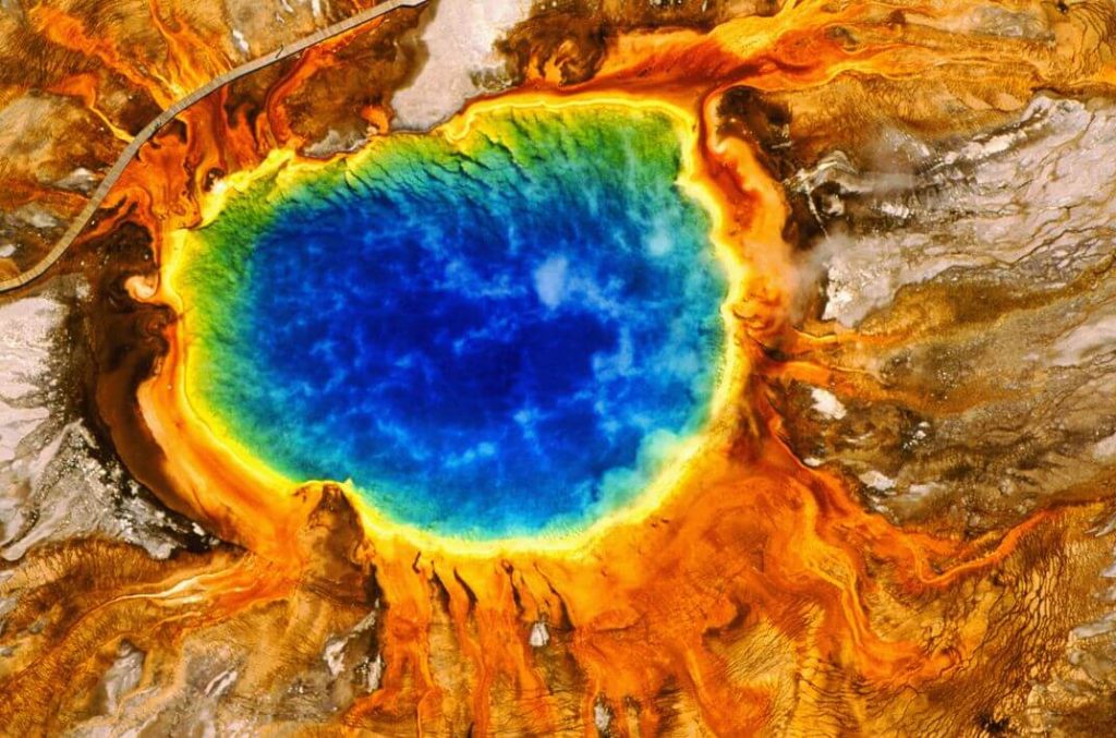 Grand Prismatic Spring Yellowstone National Park Wyoming, view of above, aerial image