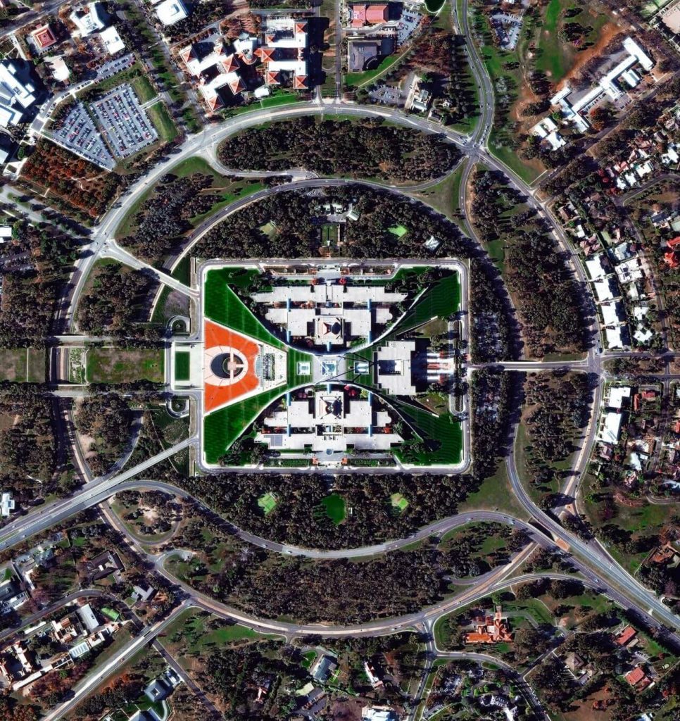 Parliament House, Canberra, Australia, high in the sky, daily overview, aerial image