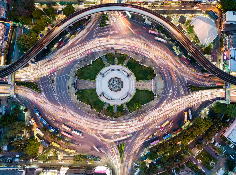 Victory Monument, Bangkok Thailand, high above, aerial image