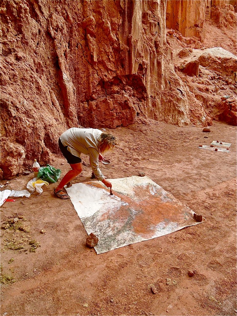 Ulrike Arnold working in situ at Cueva Chulacao, Atacama Desert, Chile,