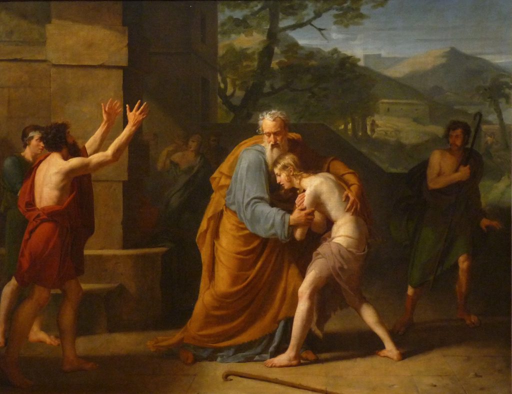The Return of the Prodigal Son, Michel Martin Drolling, the son is being embraced by the father while the older brother looks on from the shadows 