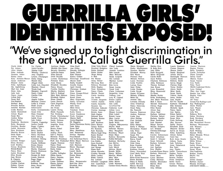 Guerrilla Girls Poster, Guerril Girls' Identities Exposed, 1990. Courtesy guerrillagirls.com. Copyright 1985-2020 Guerrilla Girls.