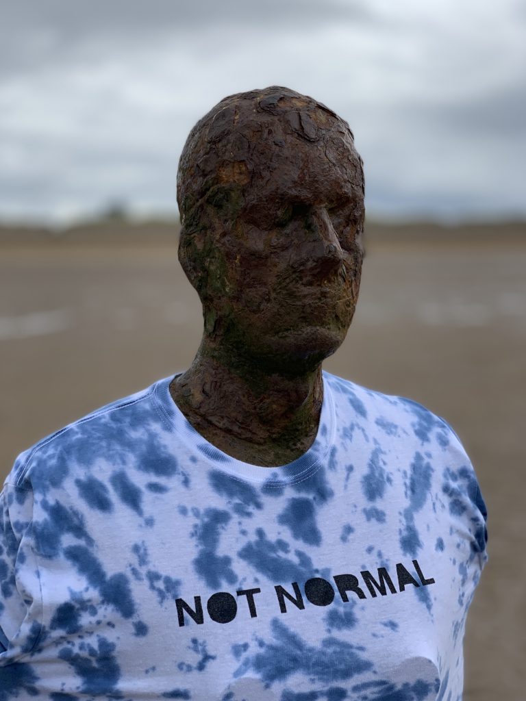 Protest T-Shirt. Sculpture by Anthony Gormley, Another Place in a Not Normal T-Shirt, 2019, Liverpool, UK. T-shirt and picture by author. 