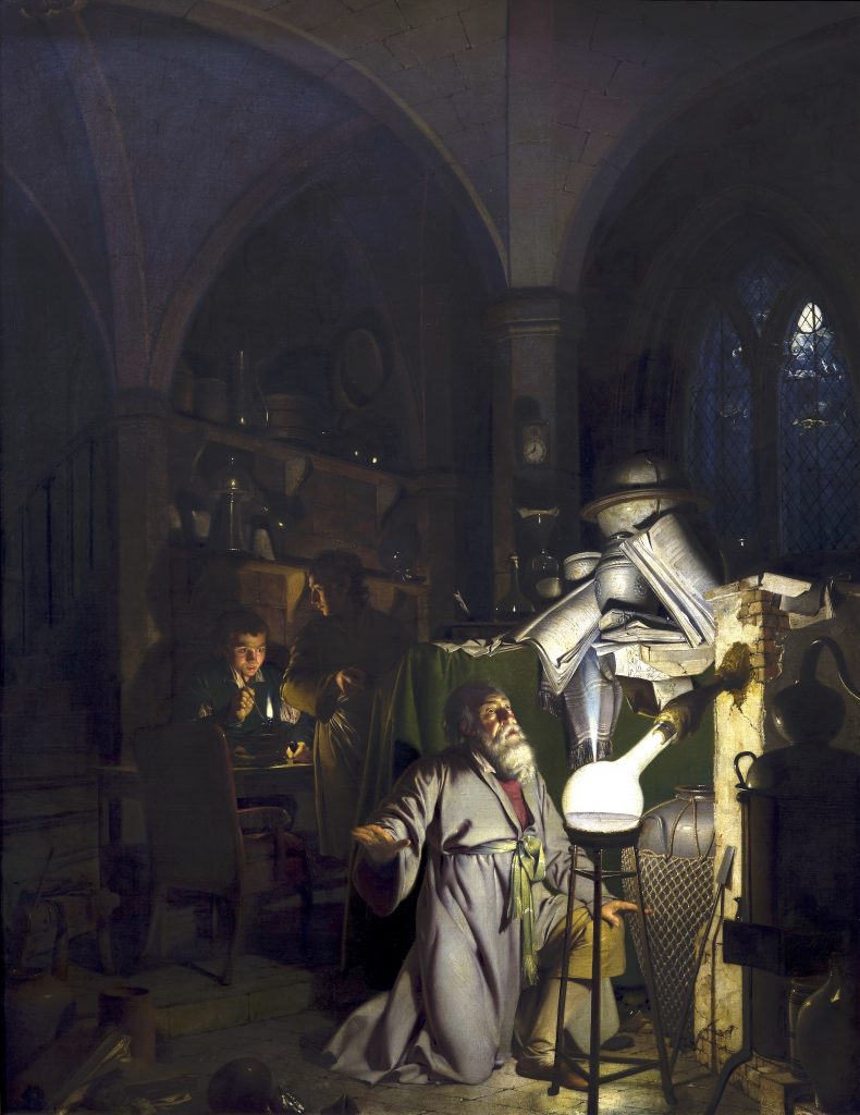 Joseph Wright of Derby, The Alchemist Discovering Phosphorus, 1771, Derby Museum and Art Gallery, Derby, England, U.K.