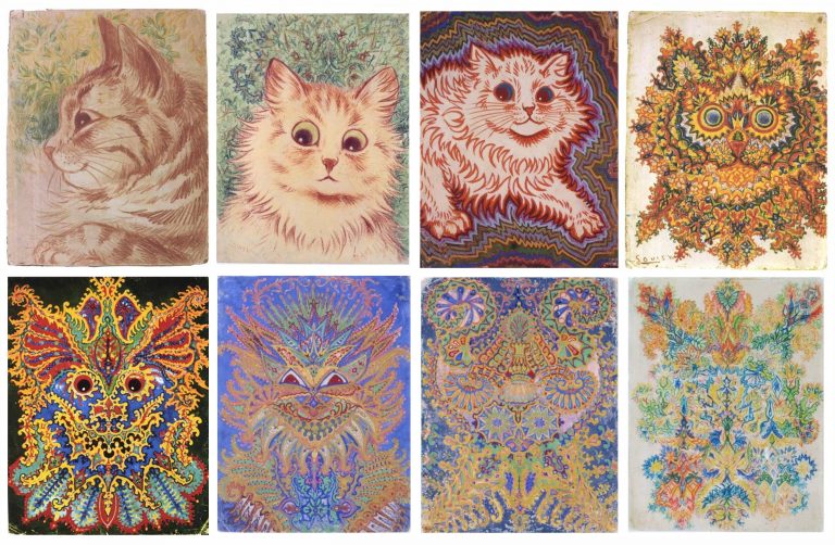 Louis Wain Cats: Collage depicting Wain’s psyche deterioration according to Walter Maclay’s theory, c.1930, Betlehem Museum of the Mind, Bethlehem Royal Hospital, Kent, UK.
