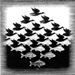 Artists in cinema: M. C. Escher, Sky and Water I, 1938, National Gallery of Canada, Ottawa, Canada. 
