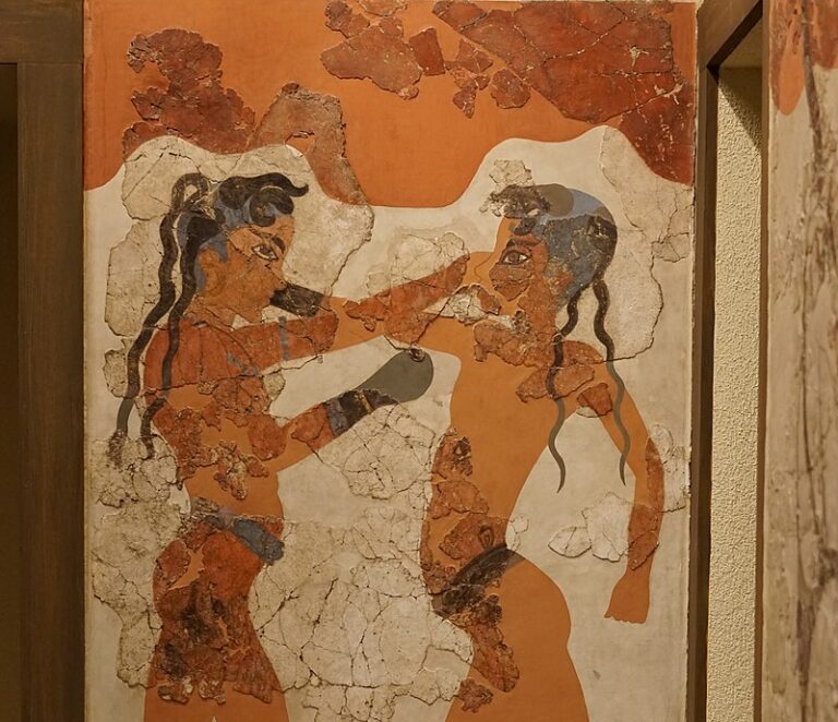 thera wall paintings: The Boxing Children, c. 1600 BCE, National Archeological Museum, Athens, Greece. Photo by George E. Koraninos via Wikimedia Commons (CC-BY-SA 4.0). Detail.
