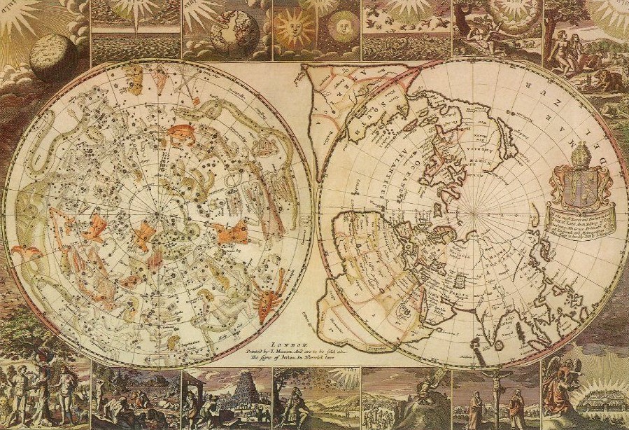 Joseph Moxon, North and South earth Planispheres, 1674