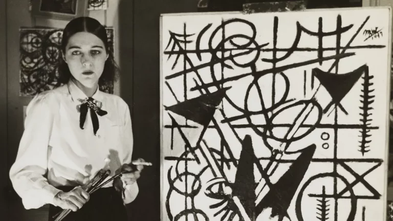 Michael West: Michael West in her studio with Black and White (1947), 1947. Photo courtesy of The Michael (Corinne) West Estate Archives/Vogue. Detail.
