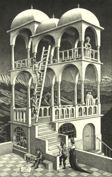 Artists in cinema: M. C. Escher, Belvedere, 1958.