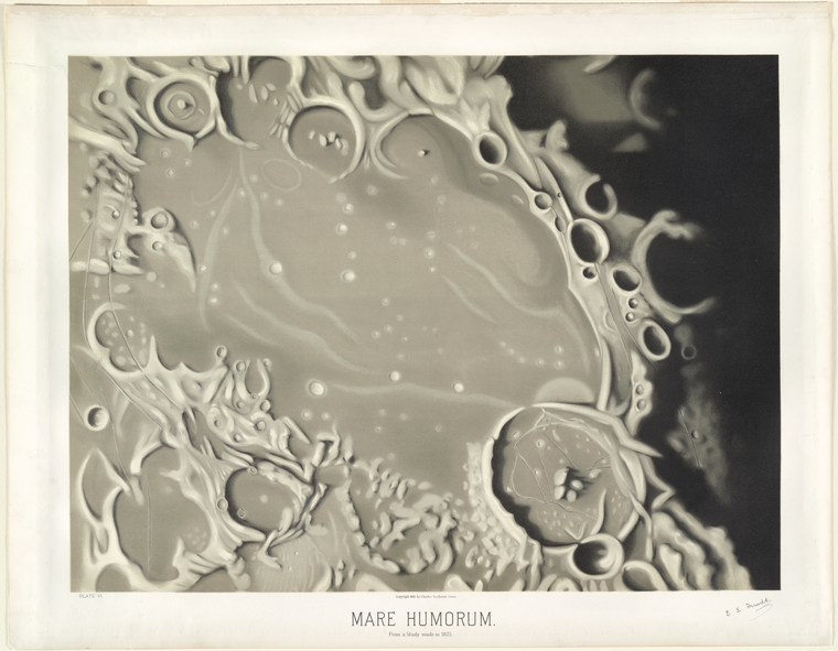 astronomical art: Étienne Léopold Trouvelot, Mare Humorum: From a Study Made in 1875, chromolithograph print. 