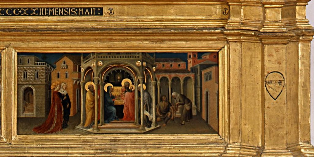 Gentile da Fabriano, Adoration of the Magi, 1423, Galleria degli Uffizi, Florence, Italy. Enlarged Detail of the Presentation of Jesus in the Temple.