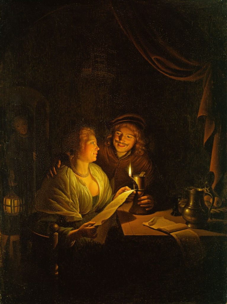 The Art of Hygge: Gerrit Dou, A Couple Reading by Candlelight. The couple sits by the light of a single candle, reading a letter and smiling at each other. In the background, a girl enters the scene, holding a lantern. 