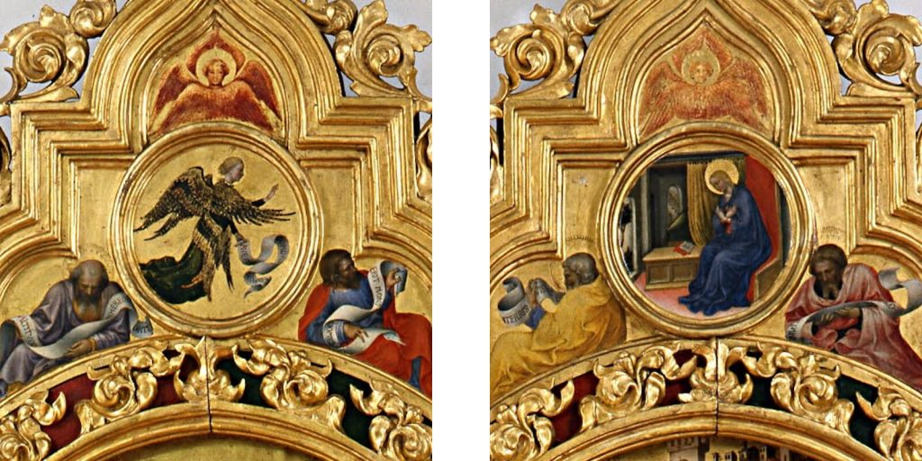 Gentile da Fabriano, Adoration of the Magi, 1423, Galleria degli Uffizi, Florence, Italy. Enlarged Details of Annunciation Tondi.