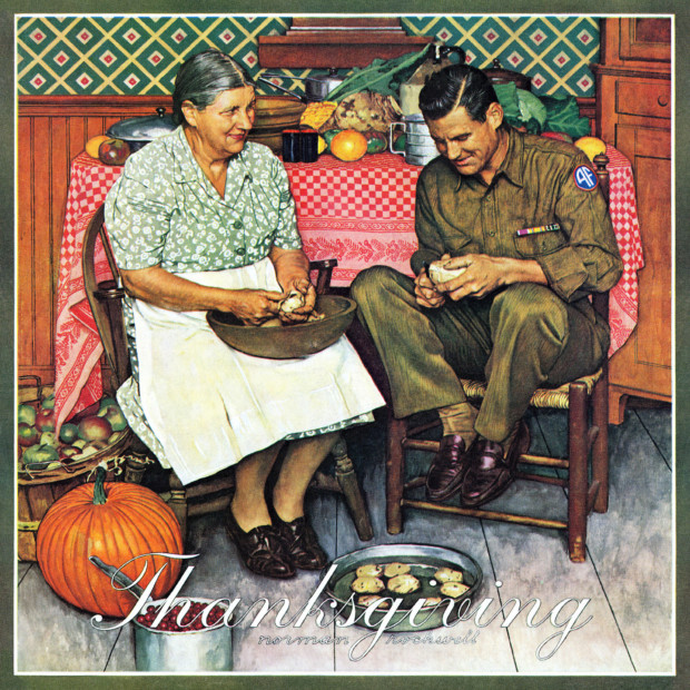 Norman Rockwell, Home for Thanksgiving. A mother and her soldier son sit together, peeling potatoes.