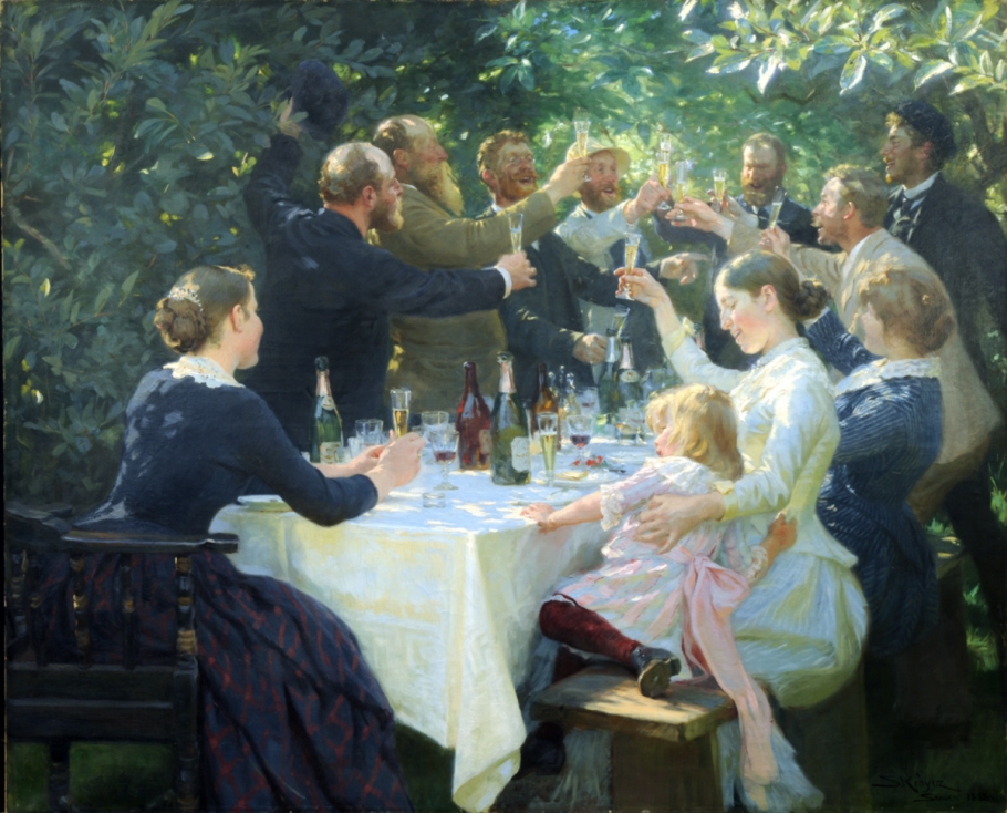 The Art of Hygge: Peder Kroyer, Hip, Hip, Hurrah! A group of artists are gathered together for a dinner party, raising their glasses in a toast.