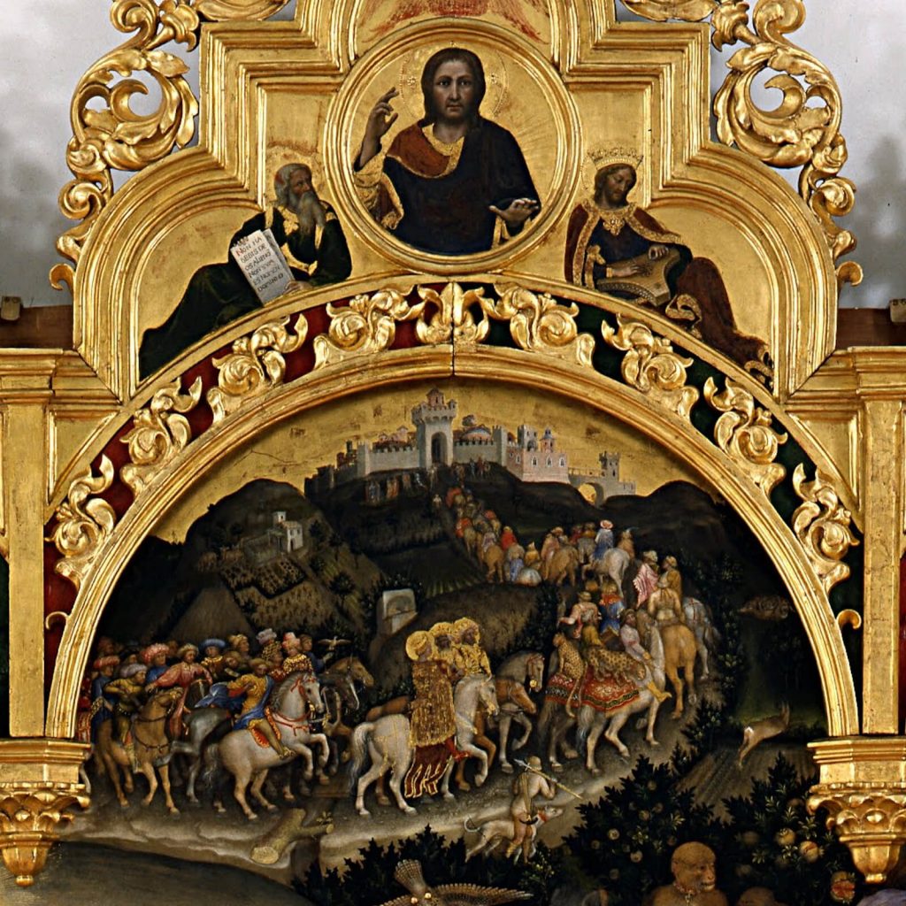 Gentile da Fabriano, Adoration of the Magi, 1423, Galleria degli Uffizi, Florence, Italy. Enlarged Detail of God and Central Semicircle.