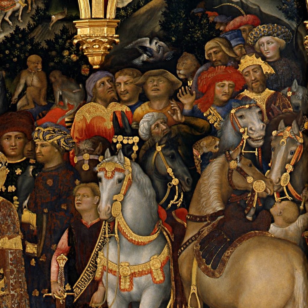 Gentile da Fabriano, Adoration of the Magi, 1423, Galleria degli Uffizi, Florence, Italy. Enlarged Detail of Magi's Entourage.
