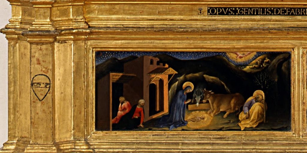 Gentile da Fabriano, Adoration of the Magi, 1423, Galleria degli Uffizi, Florence, Italy. Enlarged Detail of the Nativity.