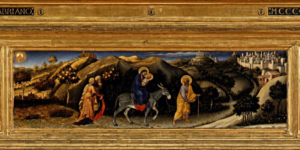 Gentile da Fabriano, Adoration of the Magi, 1423, Galleria degli Uffizi, Florence, Italy. Enlarged Detail of Flight into Egypt.