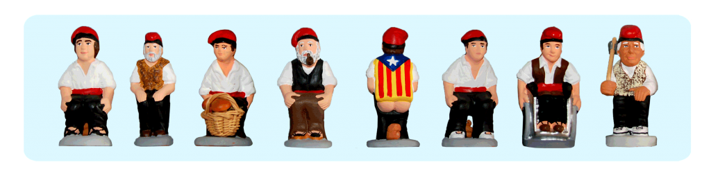 Series of Caganers wearing the traditional barretina. One of them also wears the estelada, an unofficial flag associated with pro-independence movements in Catalonia. Photo by Caganer.com.