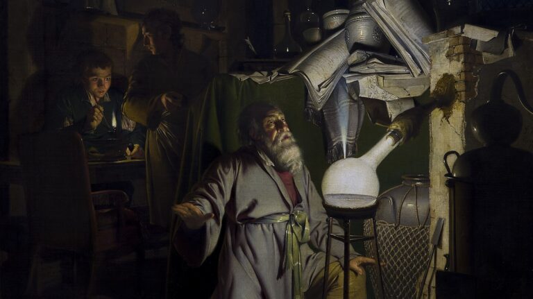Joseph Wright of Derby painting: Joseph Wright of Derby, The Alchemist Discovering Phosphorus, 1771, Derby Museum and Art Gallery, Derby, UK. Detail.
