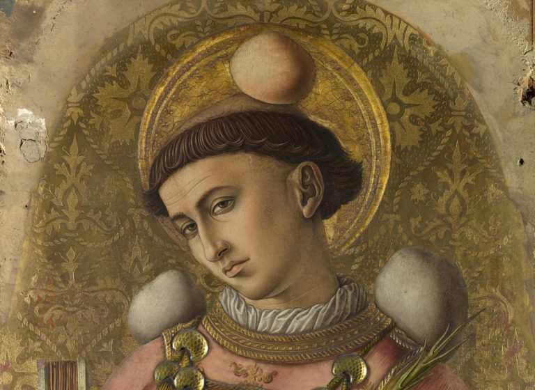 st stephen: Carlo Crivelli, St. Stephen from The Demidoff Altarpiece, 1476, National Gallery, London, UK. Detail.
