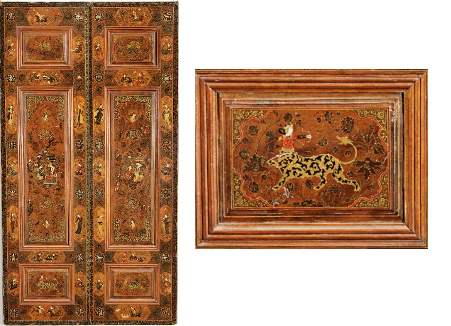 The symbol of Sagittarius on a pair of lacquer-painted wooden doors, attr. Imami Workshop, last quarter of 19th century, Tehran, Iran.
