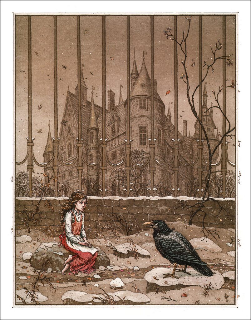 Boris Diodorov, Gerda and the Crow, 2005, illustration for the Snow Queen book from Oberton publishing house. Book Graphics.