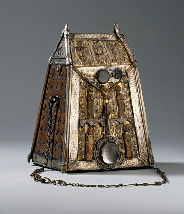 Medieval portable shrines: Bell Shrine of St. Conall Cael, 15th century, Irish, bronze and silver parcel-gilt, rock crystal, gold, British Museum, London, England, UK.