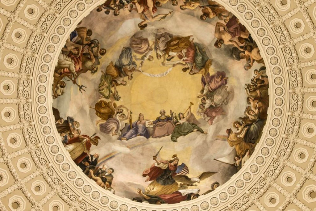 Constantino Brumidi, George Washing ascends into Heaven surrounded by allegorical figures, rotunda fresco, Capitol Building art