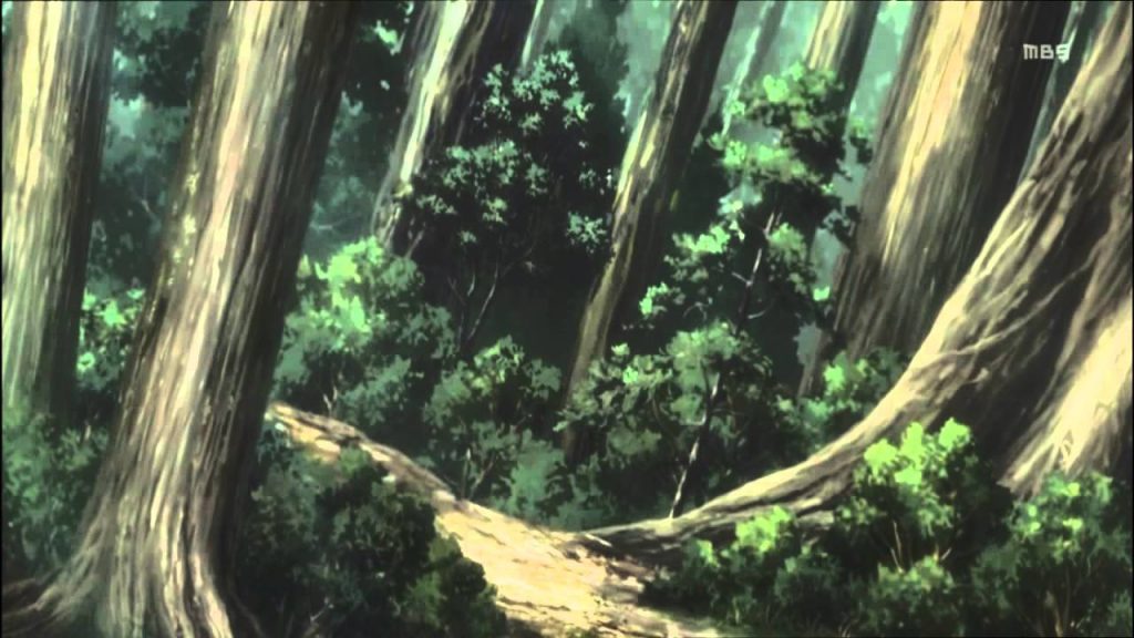 Anime in the prints of Hasui Kawase: Scene of the forest from Season 2, Episode 9 of Attack on Titan. Depicts a side view of a crowded forest, filled with tall trees and smaller trees. 