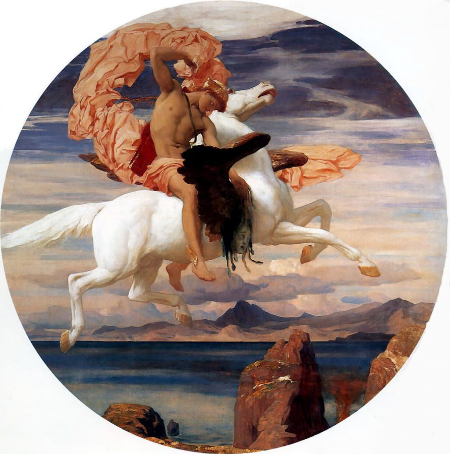 Myth of Medusa: Fredric Leighton, Perseus on Pegasus hastening the rescue of Andromeda