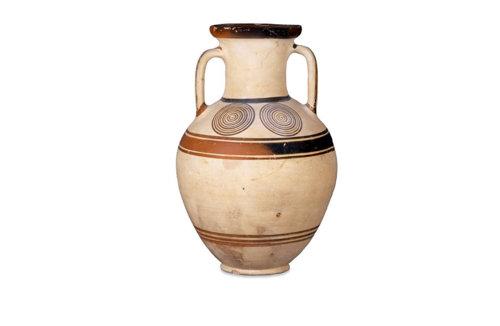 Protogeometric Amphora from around the 10th century BCE. British museum. Features circles and use of compass tool in the greek dark ages