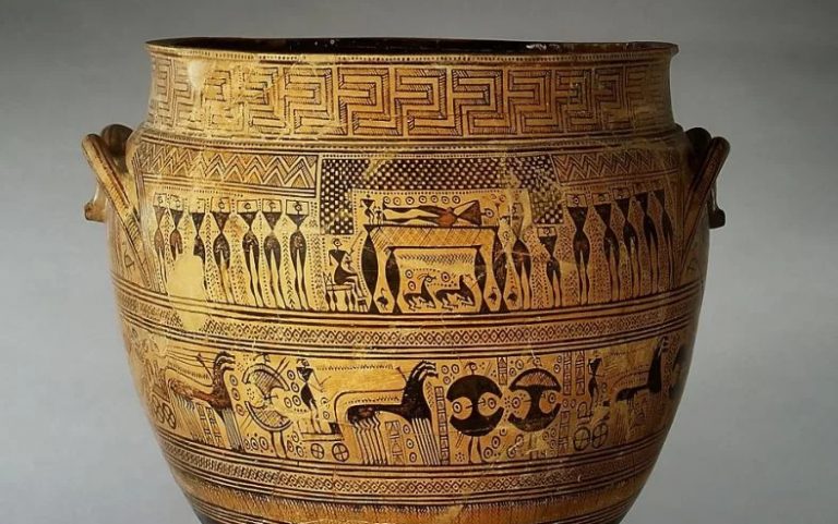 Greek dark ages pottery: Geometric Krater, 745-730 BCE, The Metropolitan Museum, New York, NY, USA. Detail.
