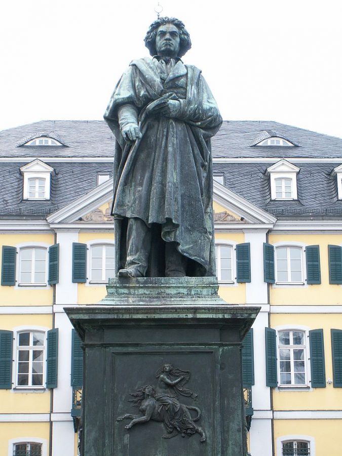 Statues of famous musicians: Ernst Julius Hahnel, Beethoven, 1845, Munsterplatz, Bonn, Germany.