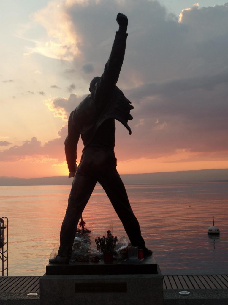 Statues of famous musicians: Irena Sedlecka, Freddie Mercury, 1996, Montreux, Switzerland. 