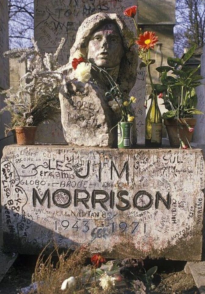 Statues of famous musicians: Mladen Mikulin, Jim Morrison, 1971, Pere Lachaise cemetery, Paris, France. Pinterest.