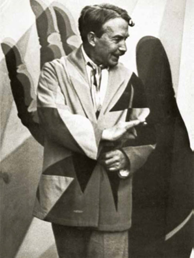 Giacomo Balla wearing his own Futuristic Clothes, black and white photography. 