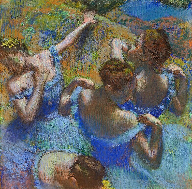 Jo's Art History Podcast. Degas, Blue Dancers, Ballerinas on stage in blue dresses, art for all 