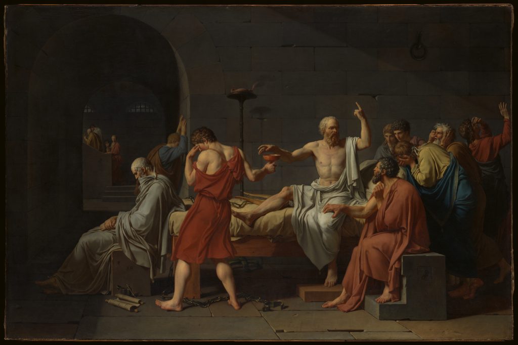 Barbizon School: Jacques Louis David, The Death of Socrates, 1787, The Metropolitan Museum of Art, New York, NY, USA. 