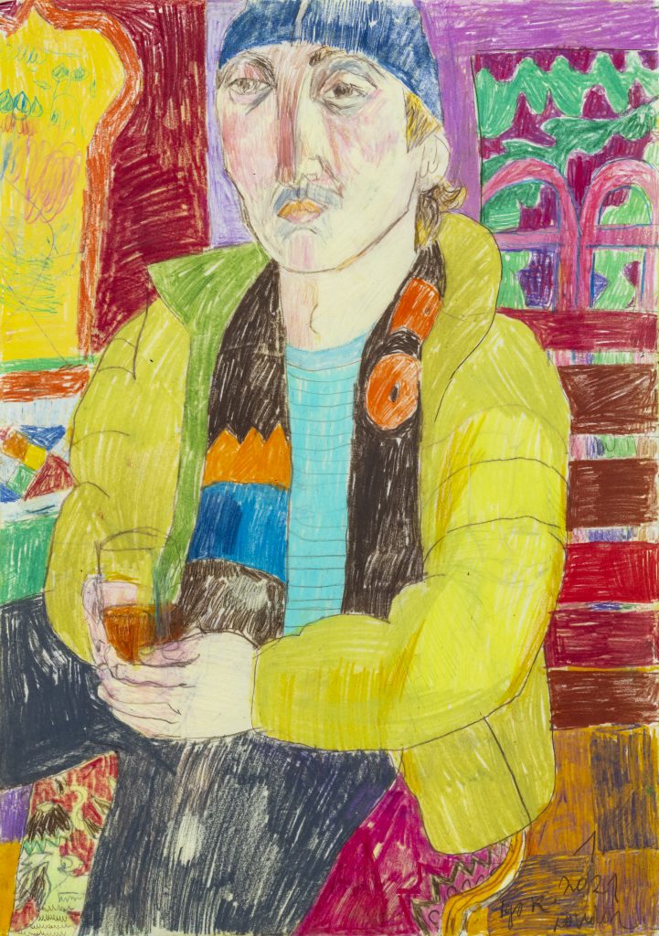 Igor Moritz, Charlie drinking black tea in the studio, 2021, colored pencil on oil primed paper. 