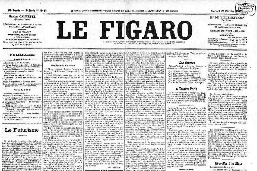 Tommaso Marinetti, Manifesto of Futurism, 1909, Le Figaro, Paris, France. 