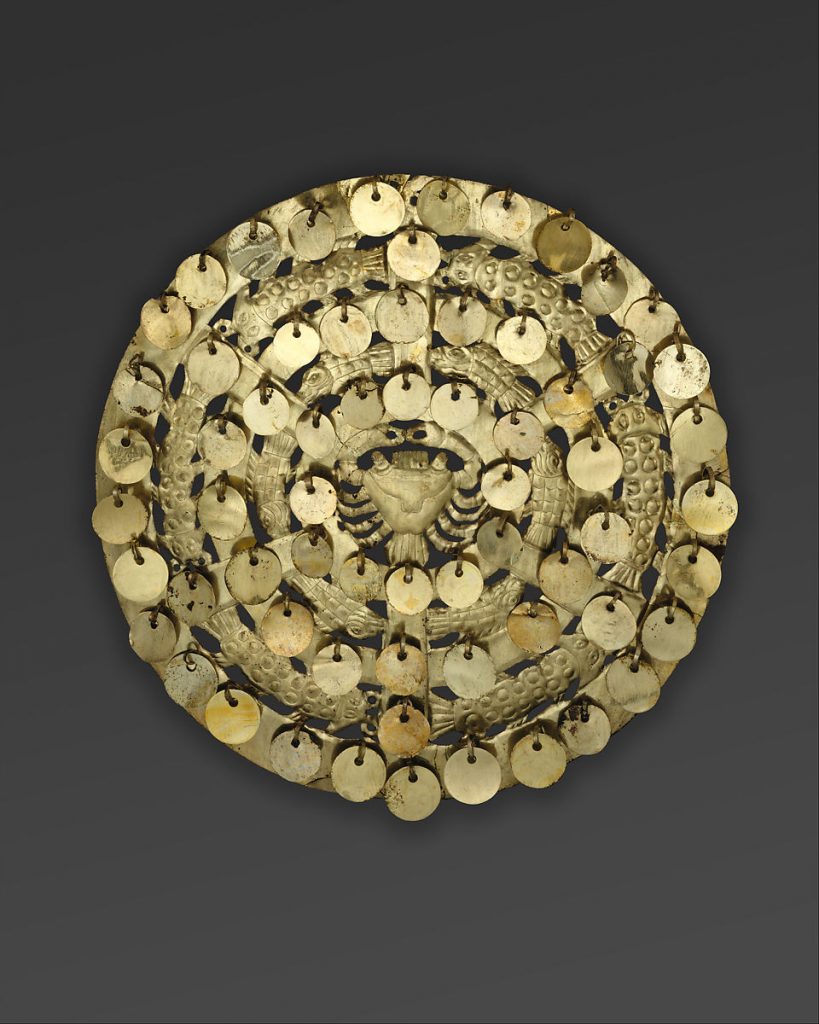 Cut-out disk with crab and fish, 2nd-3rd century, gilded copper, Moche, Peru. Metropolitan Museum of Art, New York, NY, USA.