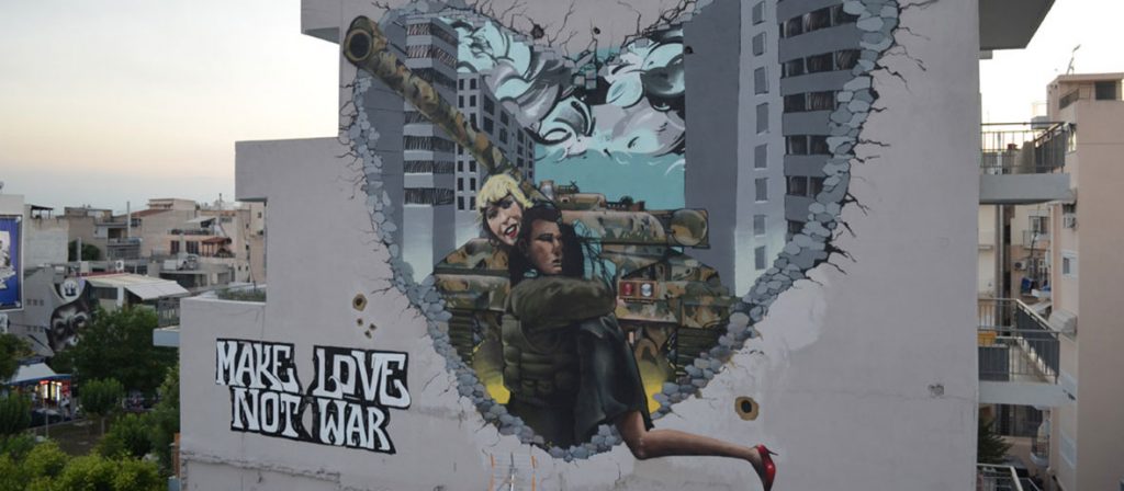 The Best Street Art in Athens. Alex Martinez, Kez & Same84 of UrbanAct, Make love, not war, 2014,Voutadon street, Gkazi, Athens. 