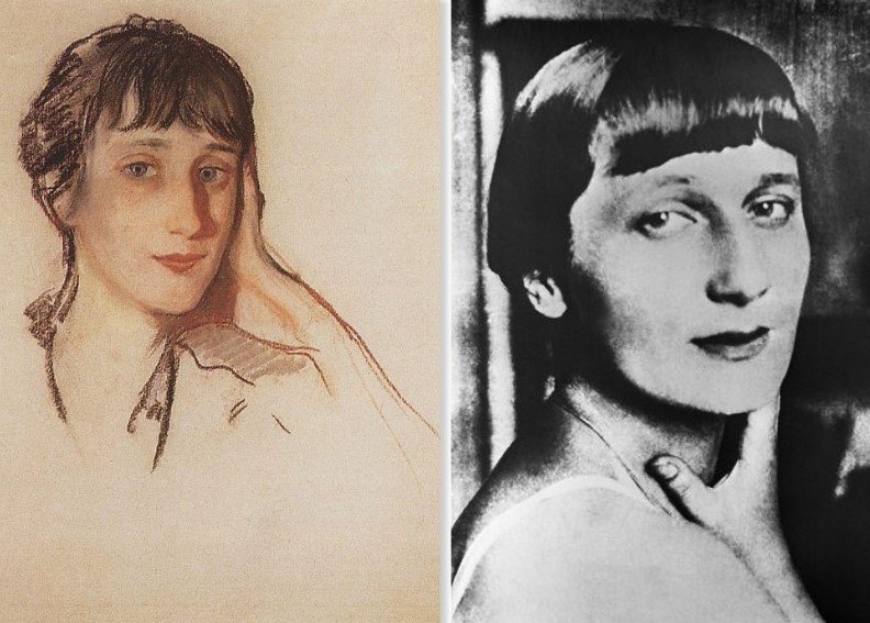 Left: Zinaida Serebryakova, Portrait of Anna Akhmatova, 1922, Anna Akhmatova Literary and Memorial Museum, St. Petersburg, Russia. Right: Anna Akhmatova in 1926-1928, photographer unknown