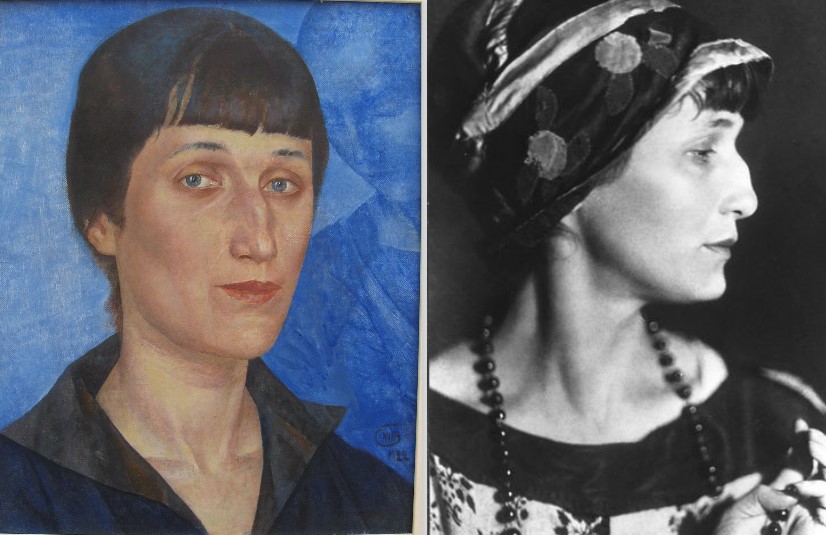 Left: Kuzma Petrov-Vodkin, Portrait of Anna Akhmatova, 1922, The State Russian Museum, St. Petersburg, Russia.
Right: Anna Akhmatova in 1922, photo taken by Moisey Nappelbaum