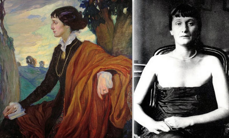 Olga Della-Vos-Kardovskaya, Portrait of Anna Akhmatova, Right: Anna Akhmatova in 1920, photographer unknown