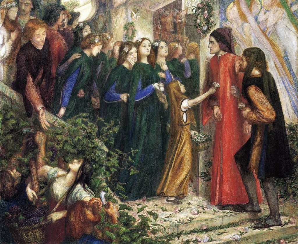 Dante Gabriel Rossetti, Beatrice meeting Dante at a marriage feast, denies him her salutation, 1855, Ashmolean Museum, Oxford, England, UK. 